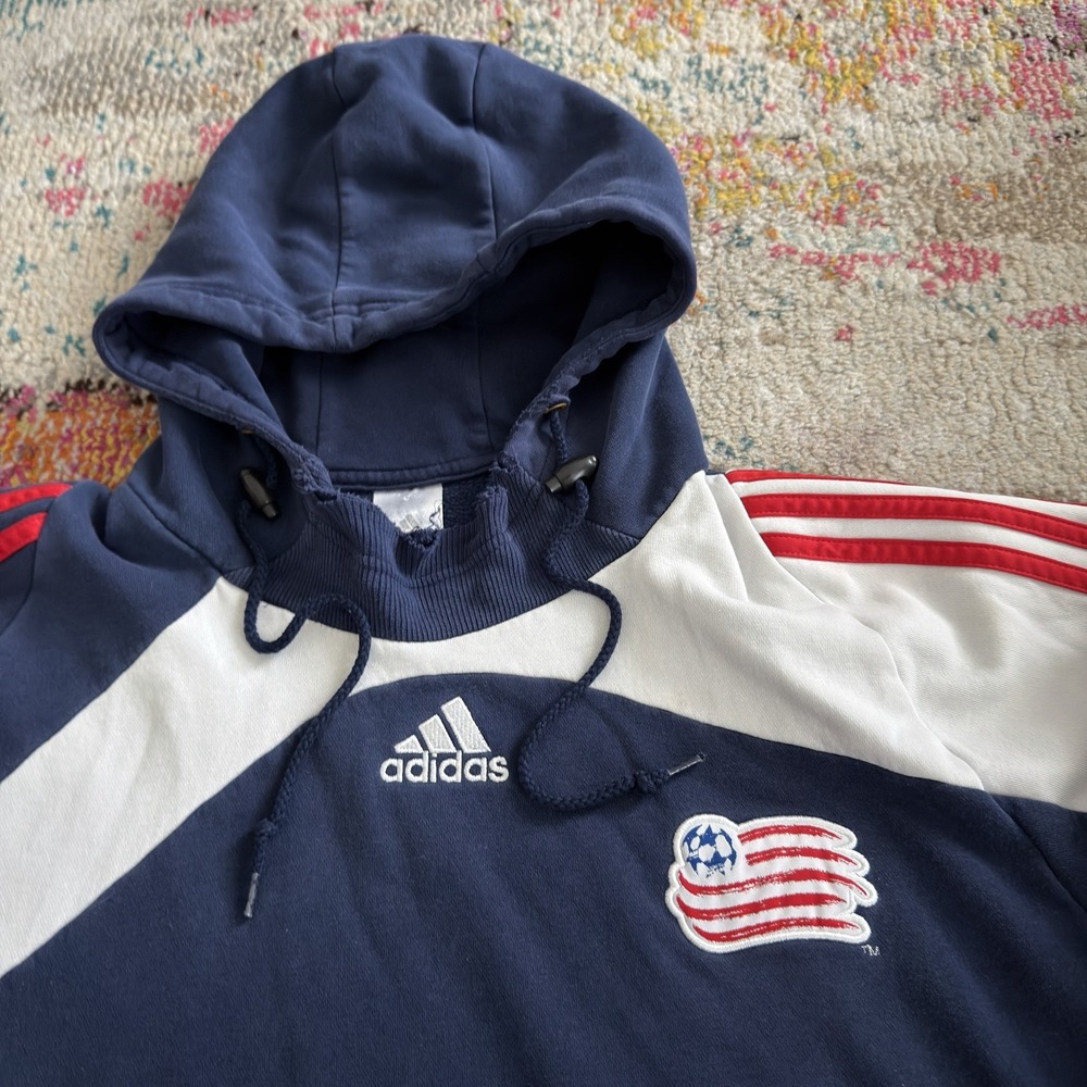 Vintage Faded Y2K Adidas Center Logo Hoodie New England Revolution Sz 2XL